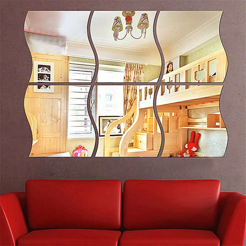 

6Pcs Mirror Wave Wall Sticker Art Removable Acrylic Mural Decal Stickers Living Room Decoration 3D DIY Wall Sticker Home Decor
