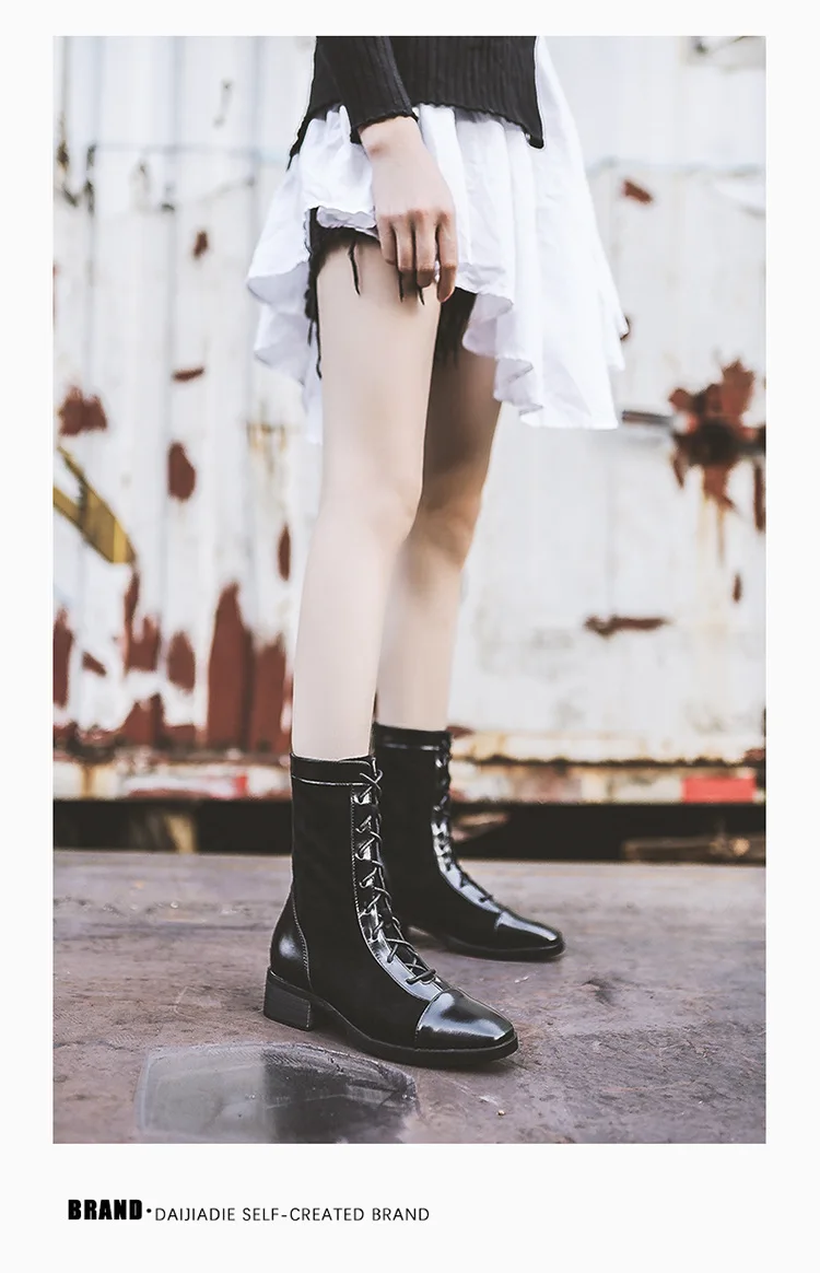 British Motorcycle mid-calf botines block heels women cross-tied plush martin riding boots back zipper brand short bottes femme