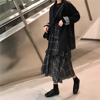 

2020 Black Women Slim Plaid Print Midi Skirt Hip Hop Summer Chiffon Irregular Ruffle Long Skirts Womens Casual Skirt Streetwear