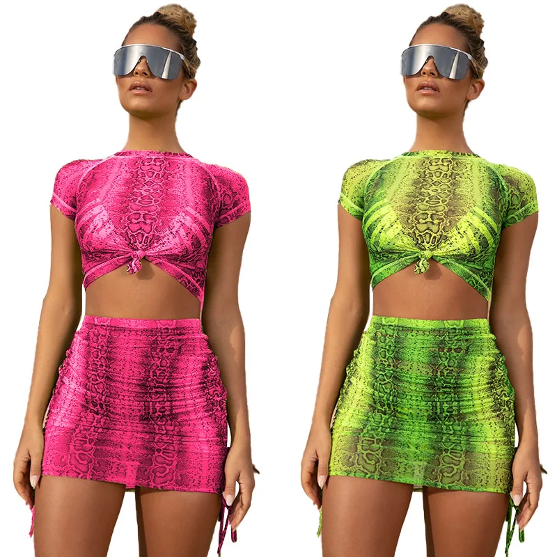 Vente HAOYUAN néon serpent Sexy 2 pièce ensemble femmes Festival vêtements haut court jupe été deux Pcs ensembles assortis maille pure Club tenues