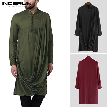 

2020 Men Solid Color Irregular Shirt Indian Tops Men Stand Collar Vintage Long Sleeve Button Muslim Casual Long Shirts Kurta 5XL