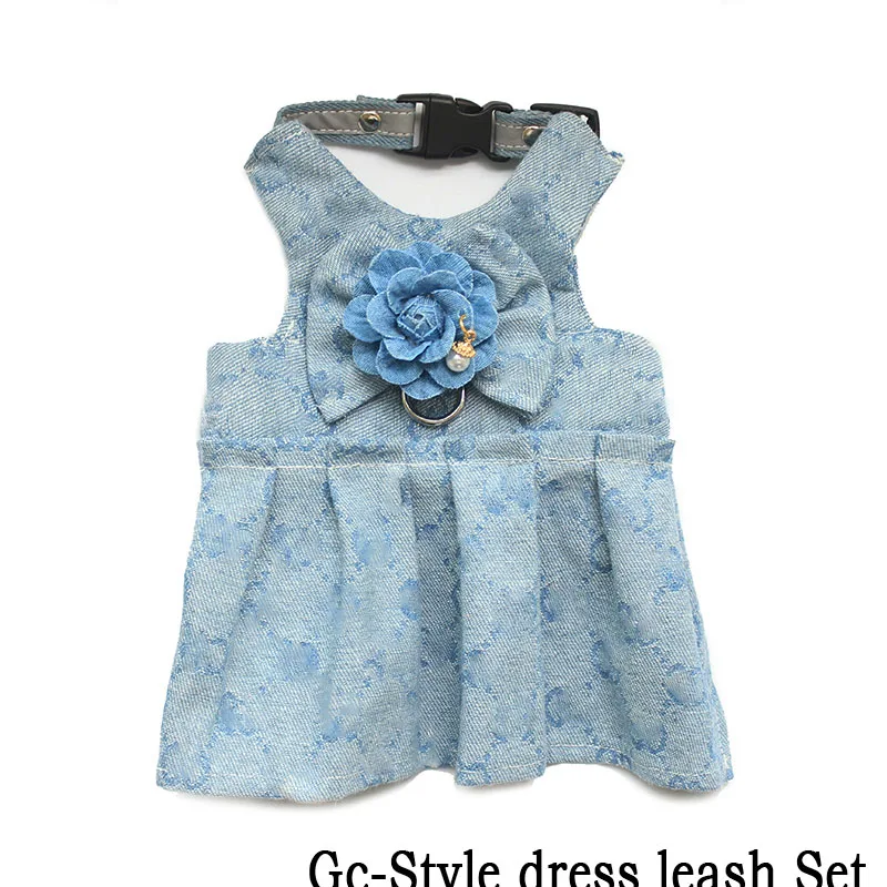 Dress set Роскошный кошка собака жгут поводок для собак, поводок для собак, автоматический поводок жилет платье дизайнерские модные регулируемые малых и средних джинсовый для щенков, собак с цветочным принтом жгут - Цвет: Dress set