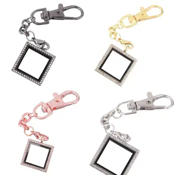 

10pcs/lot Mixed square Rhinestone open locket Key Ring twist Memory Living Magnet Glass Keychains Locket for Floating charms