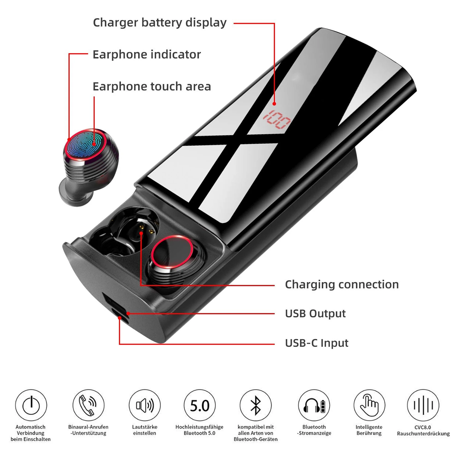 TWS True 5,0 Bluetooth наушники спортивные в уши беспроводные наушники IPX6 водонепроницаемые наушники для телефона с 6500 мАч зарядный чехол