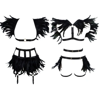 

Womens Feather Epaulettes Harness Skirt Set Crop Tops Cage Harness Bra Elastic Adjust Garter Belt Punk Goth Pole Dance Club Rave