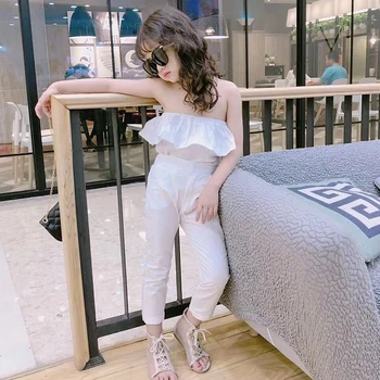 

Summer girls 2 pcs set baby blouse + pants kids white suits children fashion clothes ruched flare low cut sleeveless 3 to 12 yrs