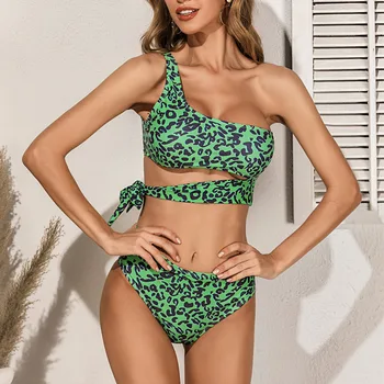 

One shoulder Swimwear Women Green Leopard Bikini set String Lace up Woman Swimsuit Female bathing suit High cut Summer biquini