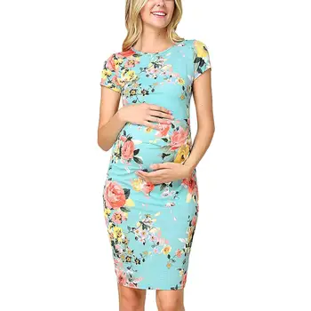 

New women's round neck short sleeve pleated printed maternity dress платье одежда для беренных CHD20249