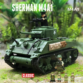 

New 726pcs WW2 American Sherman Tank Building Blocks Model Soldiers Figures Army Guns World War II Toys For Children