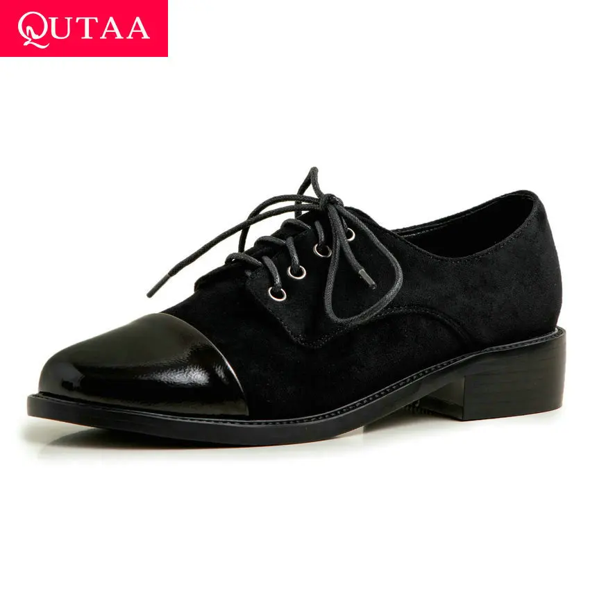 

QUTAA 2020 Square Heel PU Leather Flock Concise Women Single Shoes Spring Autumn Casual Round Toe Lace Up Ladies Pumps Size34-43