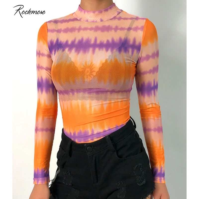 Rockmore Красочный галстук Женская футболка Femme осень ажурный прозрачный длинный рукав Bodycon сетчатые топы футболки прозрачные футболки