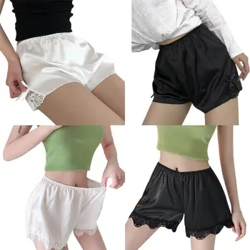 

Women Imitation Silk Loose Shorts Sleep Lounge Slip Bloomer Floral Lace Trim Solid Color Pettipants Split Skirt