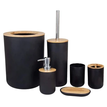 

6-Piece Bamboo Bath Accessory Set Environmentally Friendly Toilet Accessory Set with Lotion Dispenser Etc. Black