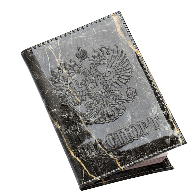 Zoukane-emblema nacional ruso en relieve, grietas de piedra de mármol, Funda de cuero para pasaporte, titular de la identificación, billetera para pasaporte ZSPC52
