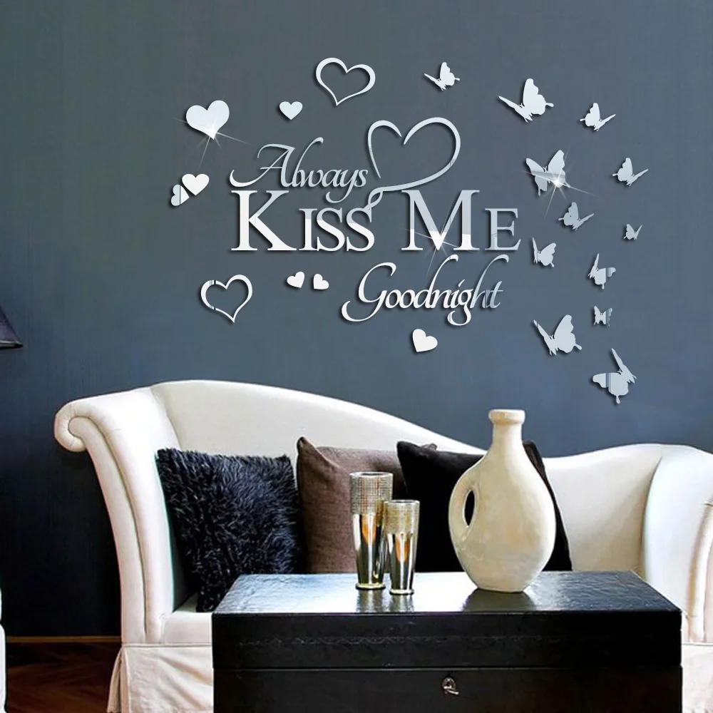 

Kiss Me Quotes Wall Stickers Acrylic Mirror Butterflies Wall Decor Art Living Room Bedroom Kids Room Decoration Wallstickers