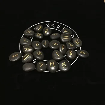 

25pcs/lot Natural Stone Viking Runes Stones Set Carved Black Lettering runes Crystals Divination Astrology Altar Amulet