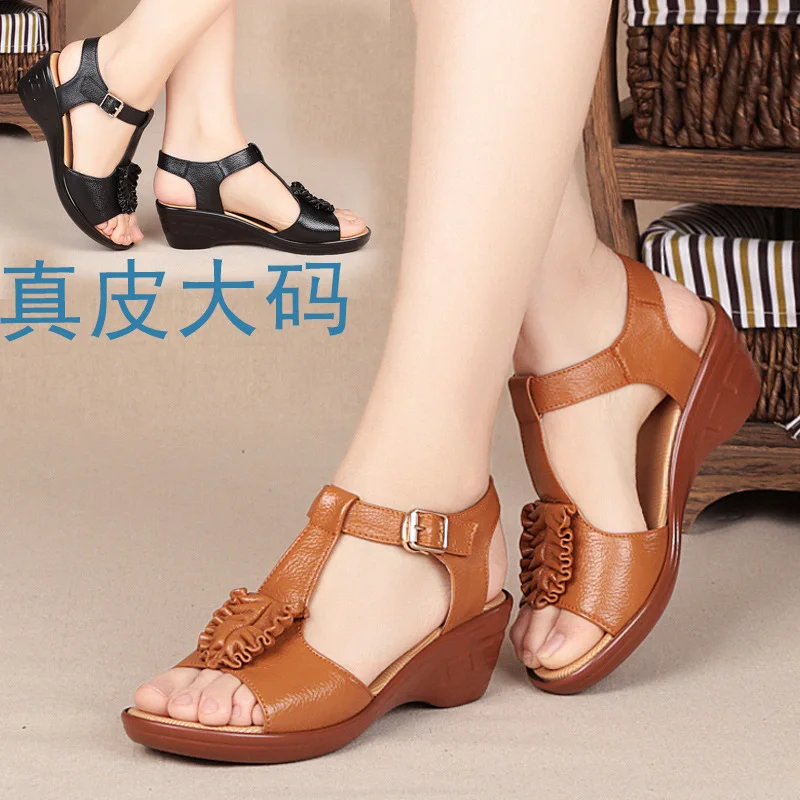 

2019 Summer New Style Middle-aged WOMEN'S Sandals Genuine Leather Semi-high Heeled Cowhide Slanted Heel Breathable Shoes Mom Ext