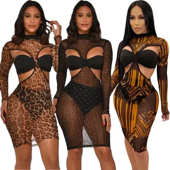 

Fashion Women Sexy Mesh Long Sleeve Bodycon Slim Mini Dress+Tank Tops+Underpants Club 3PCS Outfit Set