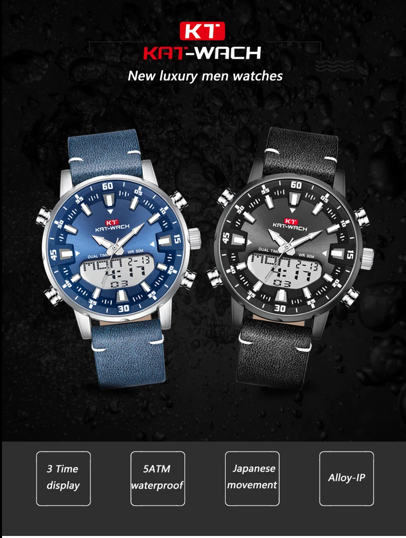 KAT-WACH Brand New Fashion Trend Big Dial Men's Watches Multifunctional Dual Display Quartz Electronic Watch Relogio Masculi