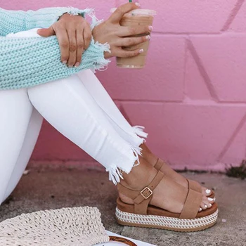 

Women Shoes Platform Sandals Straw Thick Bottom Ladies Sandals Peep Toe Beach Sandals Flat Belt Buckle Summer Shoes Woman