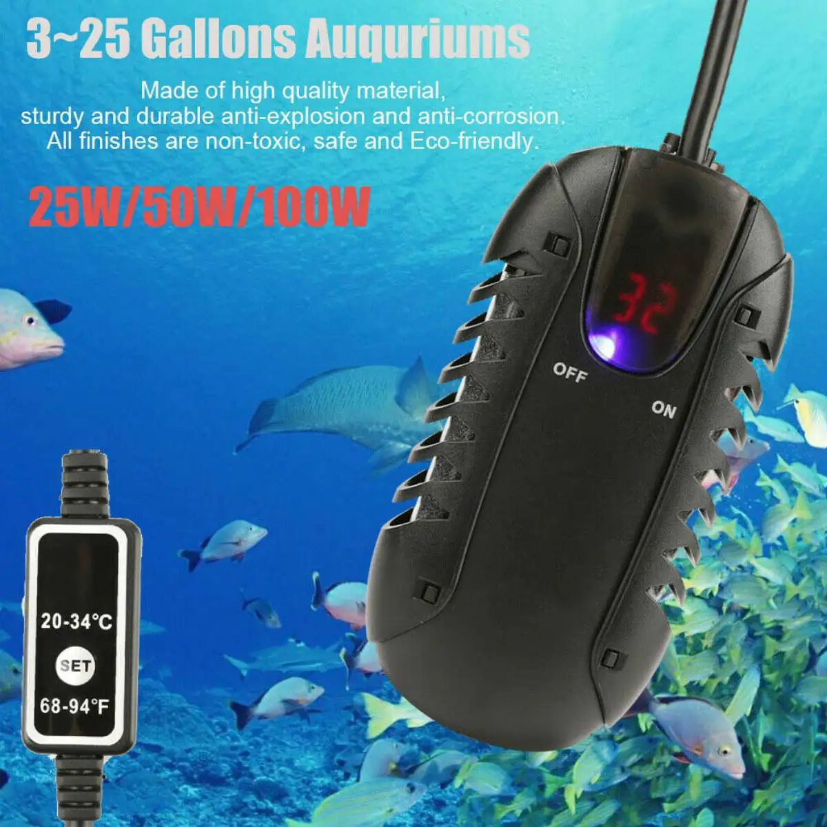 25 Вт 50 Вт 100 Вт 200 Вт аквариумный нагреватель электрические нагревательные стержни светодиодный цифровой регулятор температуры аквариумный нагреватель