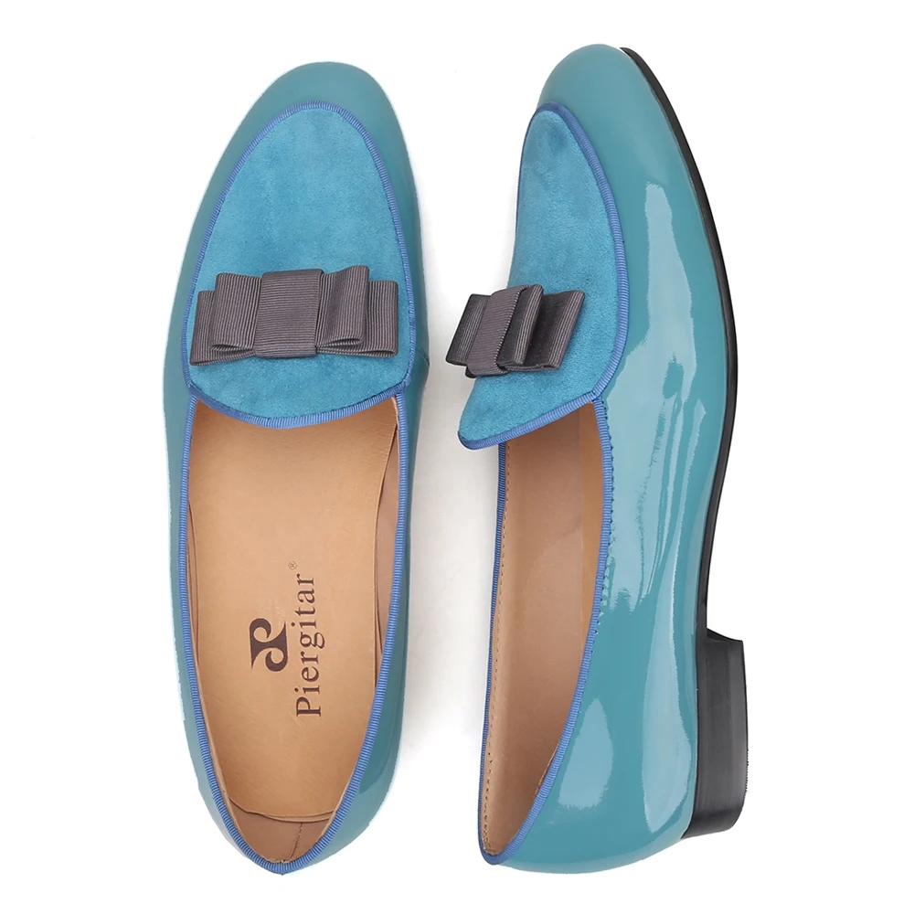 Piergitar 2020 handmade sky blue patent leather men shoes fashion bow design men's loafers leather insole men flats plus size