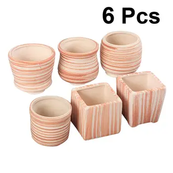 

6PCS Ceramic Flowerpot Wood-Grain Ceramic Flowerpot Succulent Little Potted Plants Flowerpot Creative Printed Flowerpot For Home