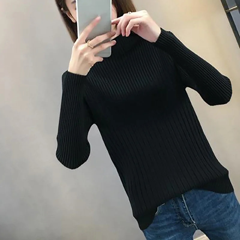 Женский свитер, вязаный зимний свитер, свитер с воротником средней высоты, однотонный тонкий пуловер с длинными рукавами, свитер, топы