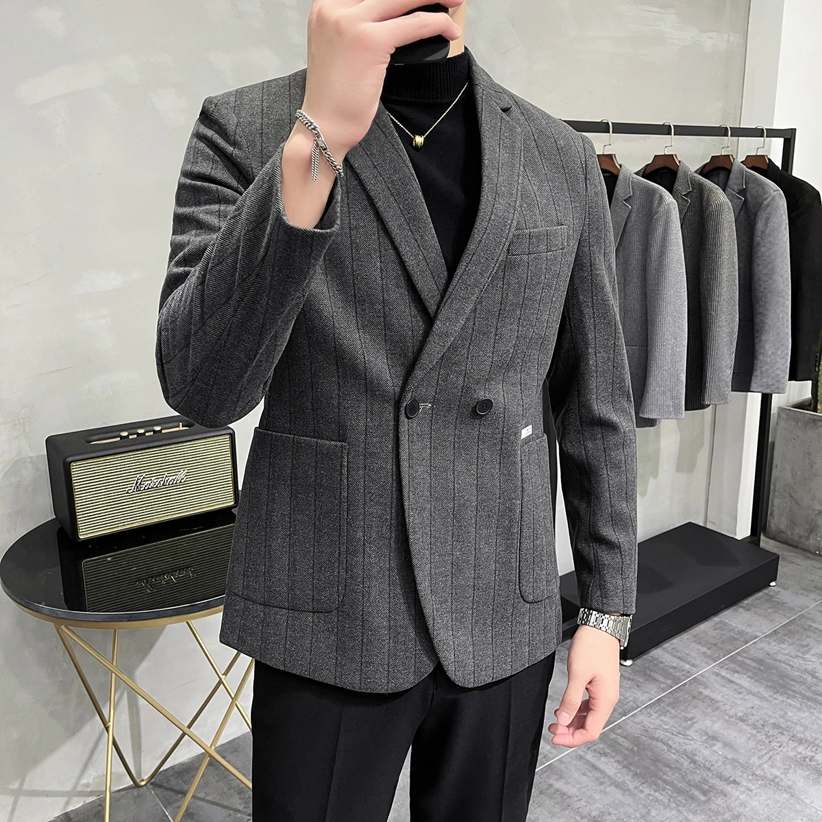 

British Style Thick Double Breasted Striped Blazer Jackets Men Clothing Simple Slim Fit Casual Suit Coats Business Formal S-3XL