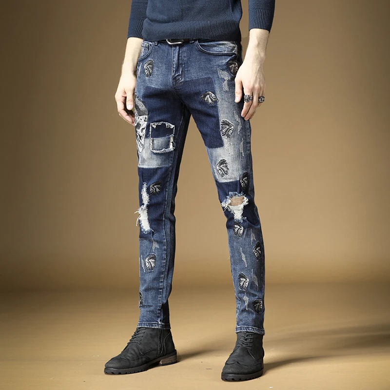 Free Shipping New Male Embroidered Men's Tribe Chief Embroidery Ripped Jeans  Holes Distressed Blue Stretch Denim Pants Trousers - Jeans - AliExpress