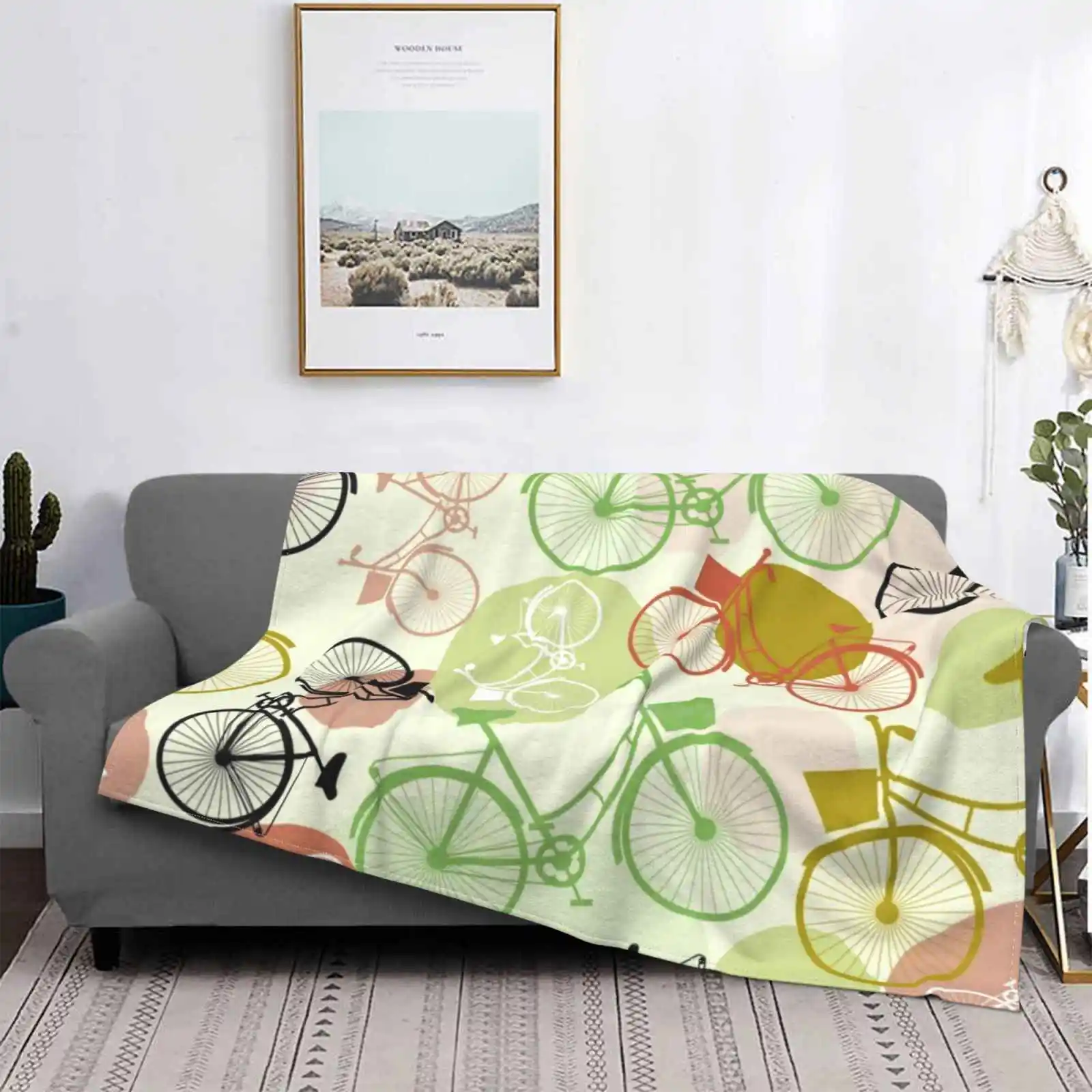 

Винтажное фланелевое одеяло для езды на велосипеде, с бесшовным рисунком, зеленые, коричневые, бежевые цвета, яркое теплое фланелевое одеяло
