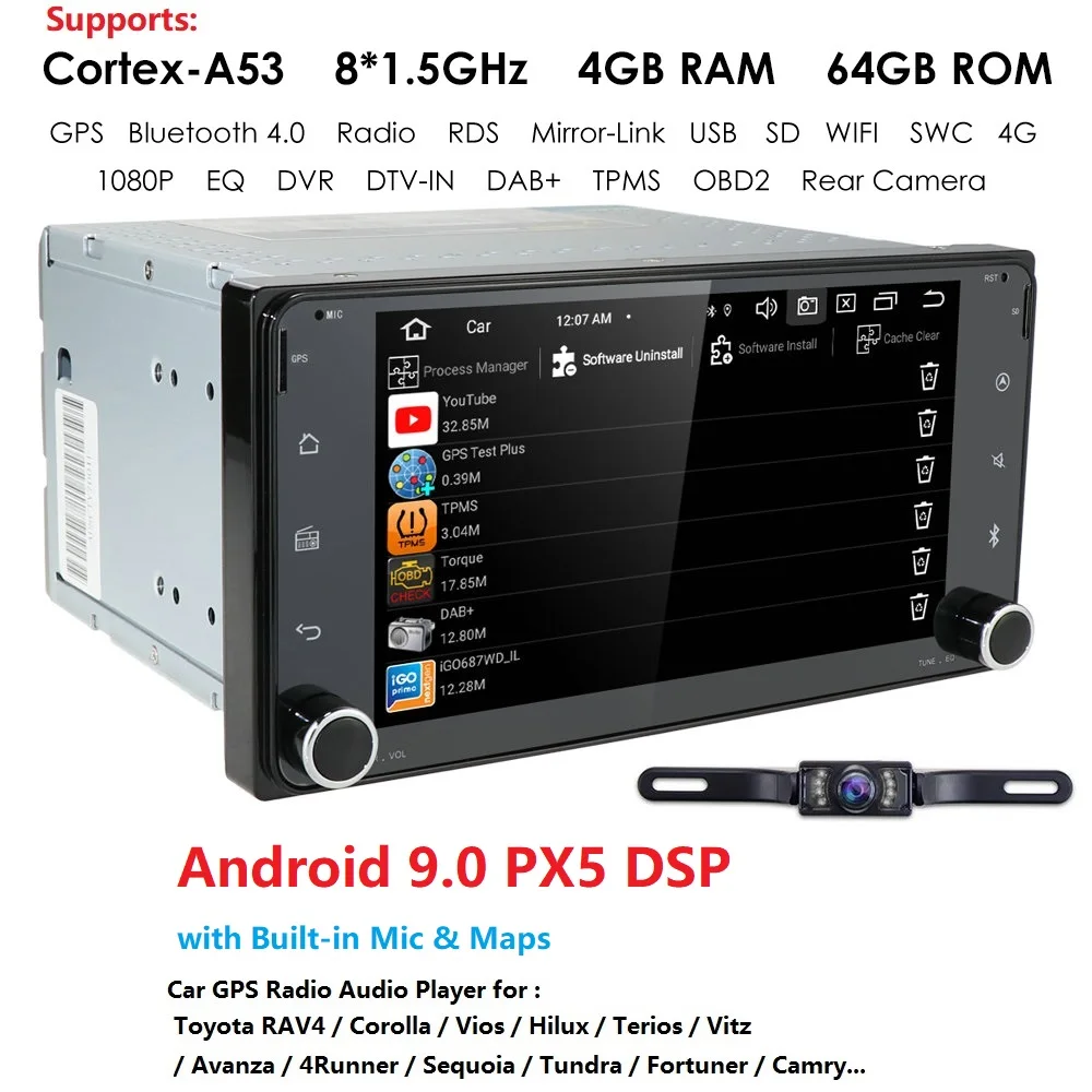 Excellent 7"Android9.0 Car DVD Player for Toyota Hilux Corolla Camry Prado RAV4 Octa-Core  WIFI 4G RAM+64G ROM  Bluetooth+Free Rear Camera 5