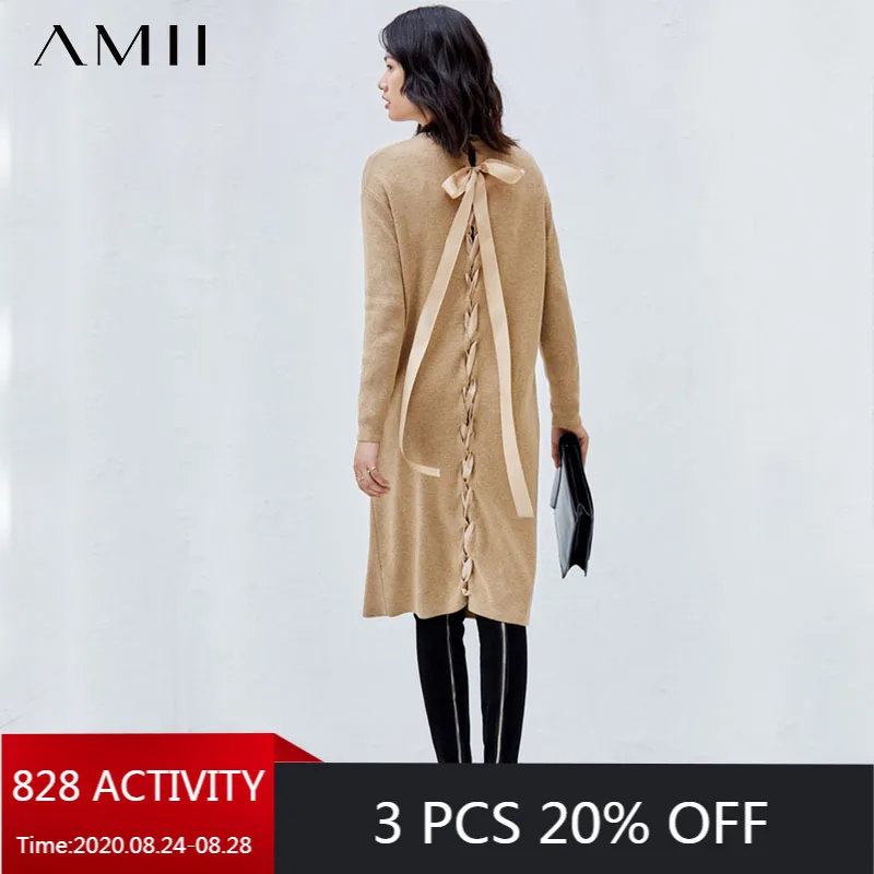 AMII Minimalism Autumn Winter Solid Knitted Women Dress Fashion Oneck Bow Knee-length Female Dress 11840287 AMII Minimalism Autumn Winter Solid Knitted Women Dress Fashion Oneck Bow Knee-length Female Dress 11840287