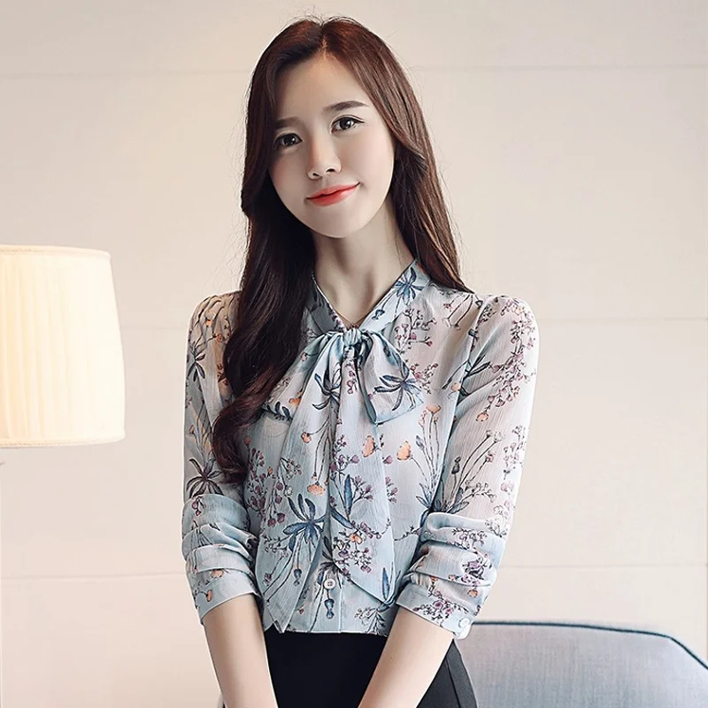 

Autumn Women's Shirt Long Sleeve Shirt Bow Printed Chiffon Blouse Casual Shirts Plus Size Women Clothing