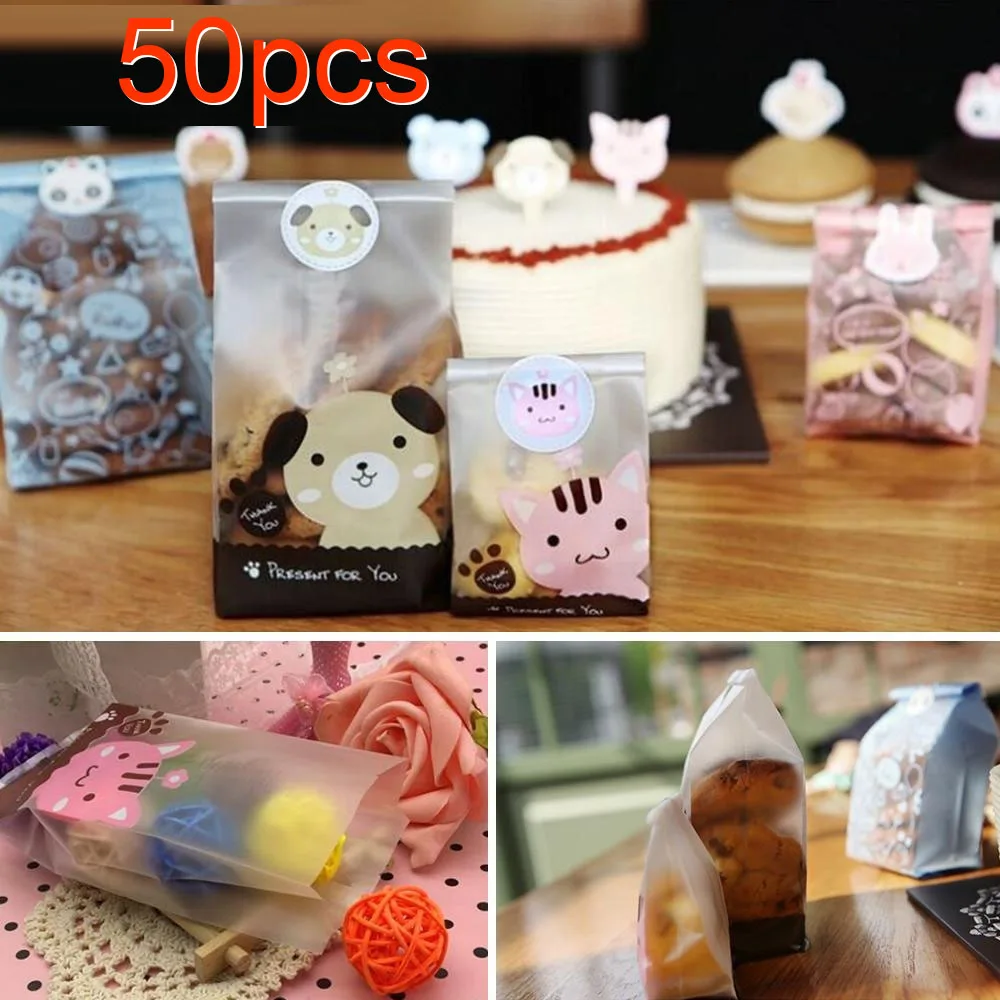 

Baking Packs Dog Cat Pattern Christmas Birthday Gift Biscuit Cookie Bag 50pcs/Pack Cute Chocolates Candy Packaging Bags