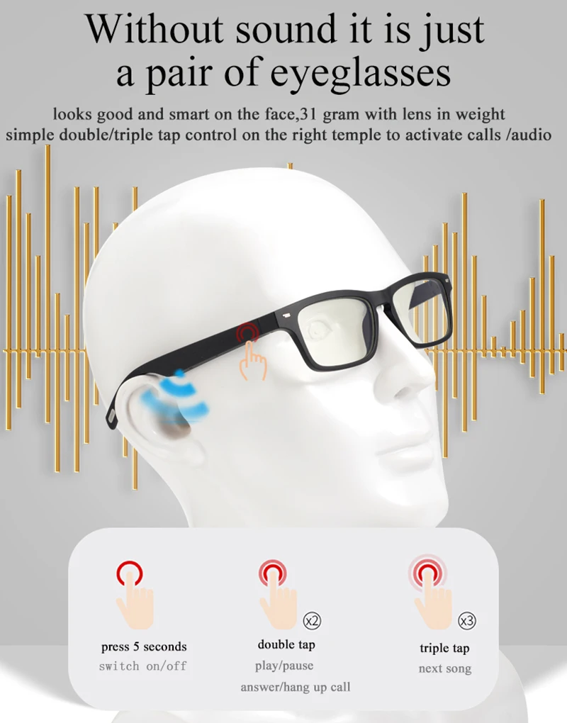 Non bone conduction Bluetooth audio smart glasses driving Sunglasses suitable for iOS Android system support dropshipping