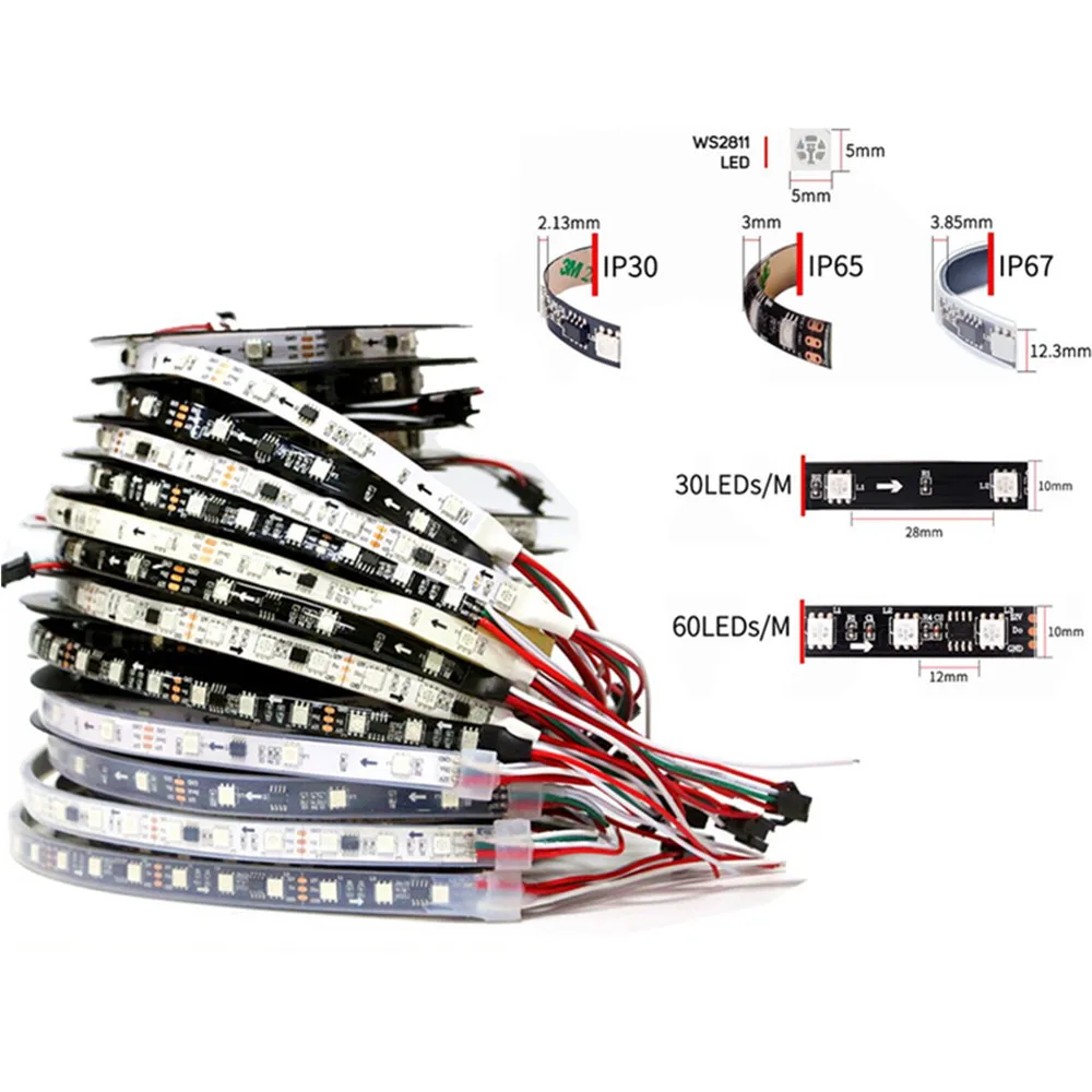 1m/5m 12V LED Pixel Strip WS2811 Programmable Addressable 30/60 leds/m External 1 IC 2811 Control 3 Leds 5050 RGB LED Tape