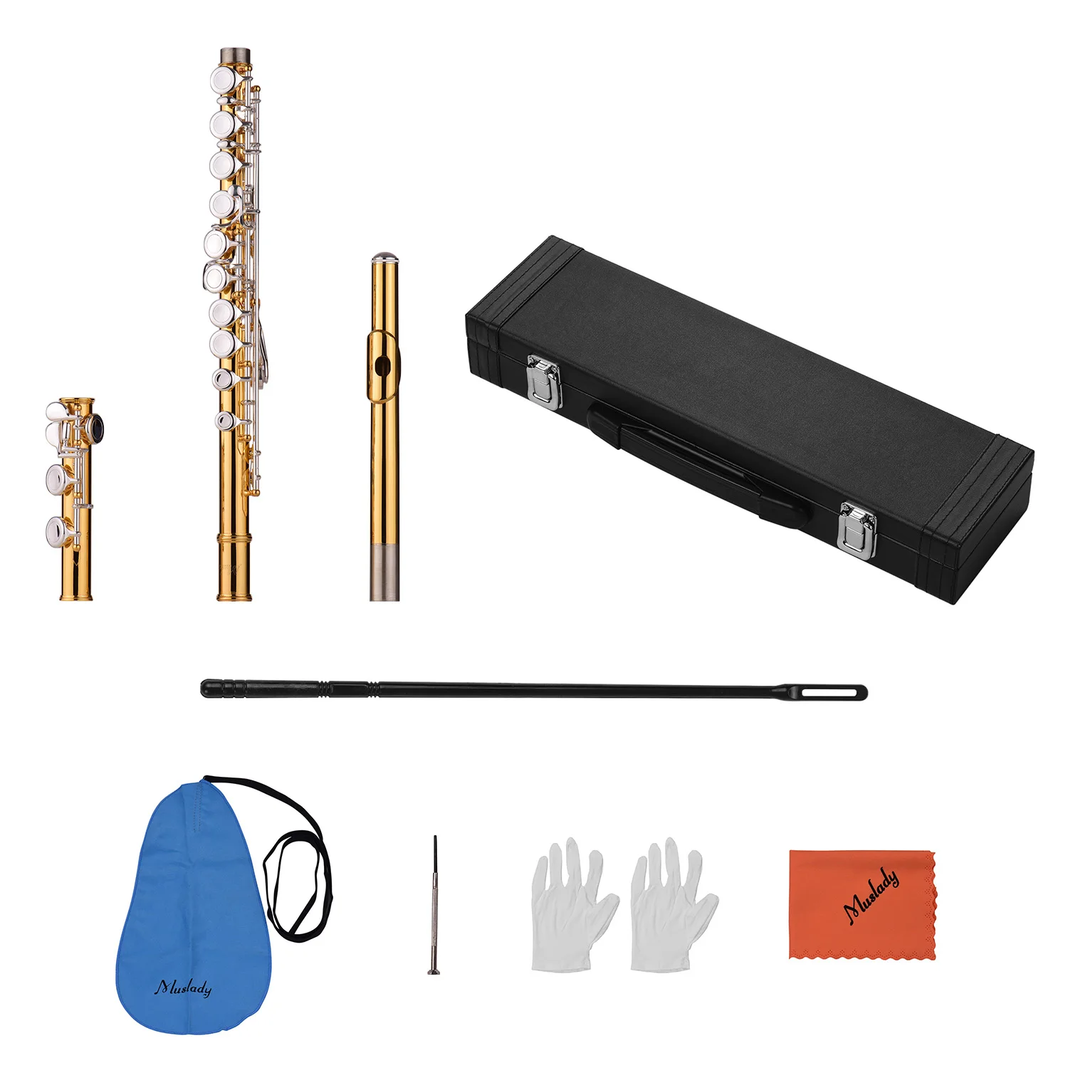 Muslady Professional Closed Hole C Flute Cupronickel Gold-plated Tube 16 Silver-plated Keys Wind Instrument with Carry Case