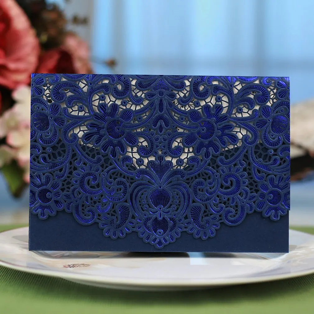 Exquisite Design Invitation Pockets Case for Bridal Showers Wedding Invitations Birthday Fancy Parties Laser Cut Blue
