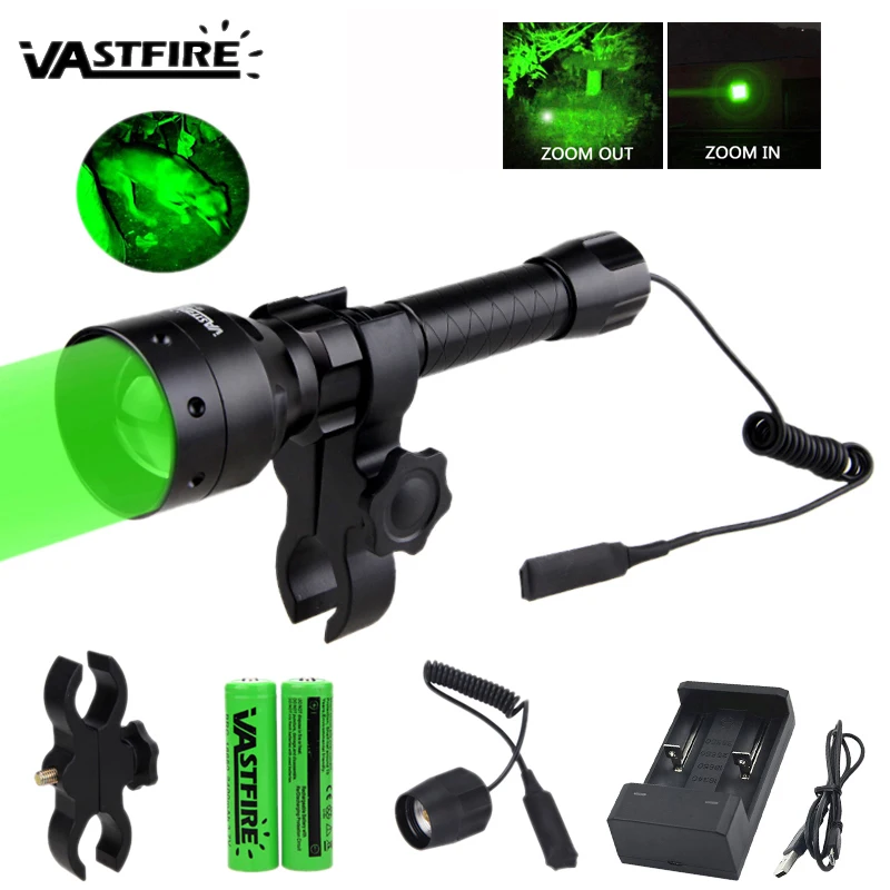 

Tactical Green/Red XP-E2 LED Light Hunting Flashlight with Zoom Function +2pcs Battery+USB Charger+Scope Mount+Remote Switch