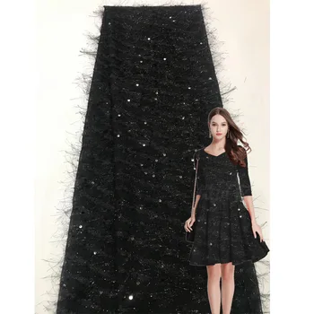 

african black mesh sequin lace fabric with tassels 2020 high quality french net tulle sequin lace fabric for wedding dress