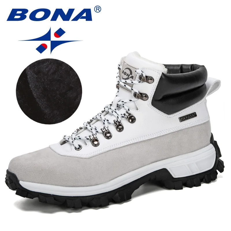 White black BONA/Новинка года; дизайнерская очень теплая зимняя обувь; уличные мужские зимние ботинки из коровьей замши; Теплые ботильоны; Botas Man; противоскользящие модные ботинки - Цвет: White black