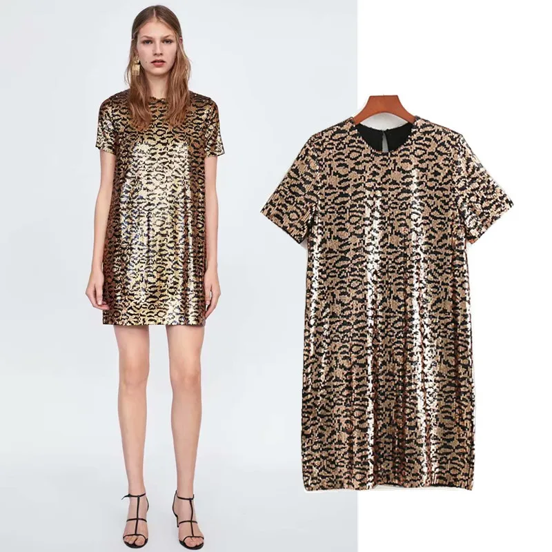 

Sf1060a-8940-Europe And America Fashion WOMEN'S Dress 2019 New Style Sequin Animal Print Floral Printed Dress