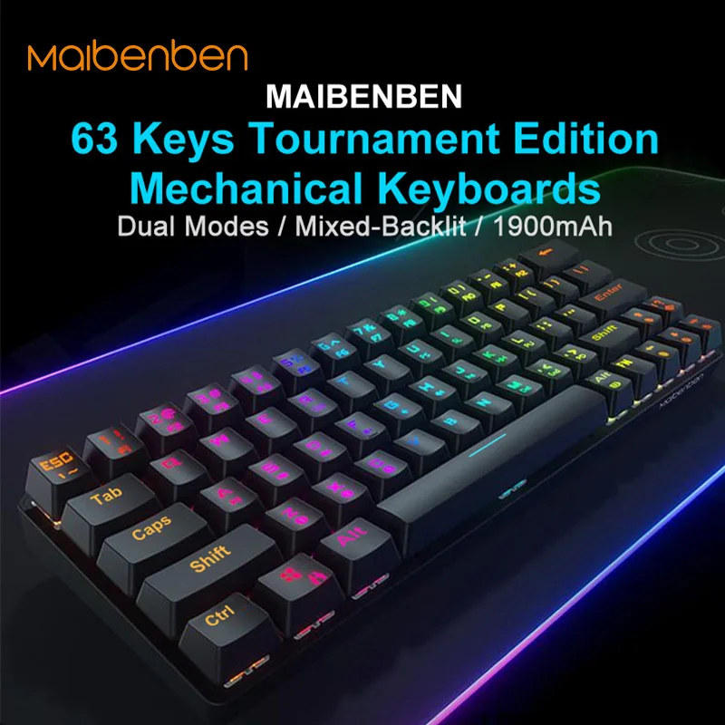 MAIBENBEN Беспроводная bluetooth-клавиатура переключатель Gateron RGB 63 клавиши раскладка NKRO