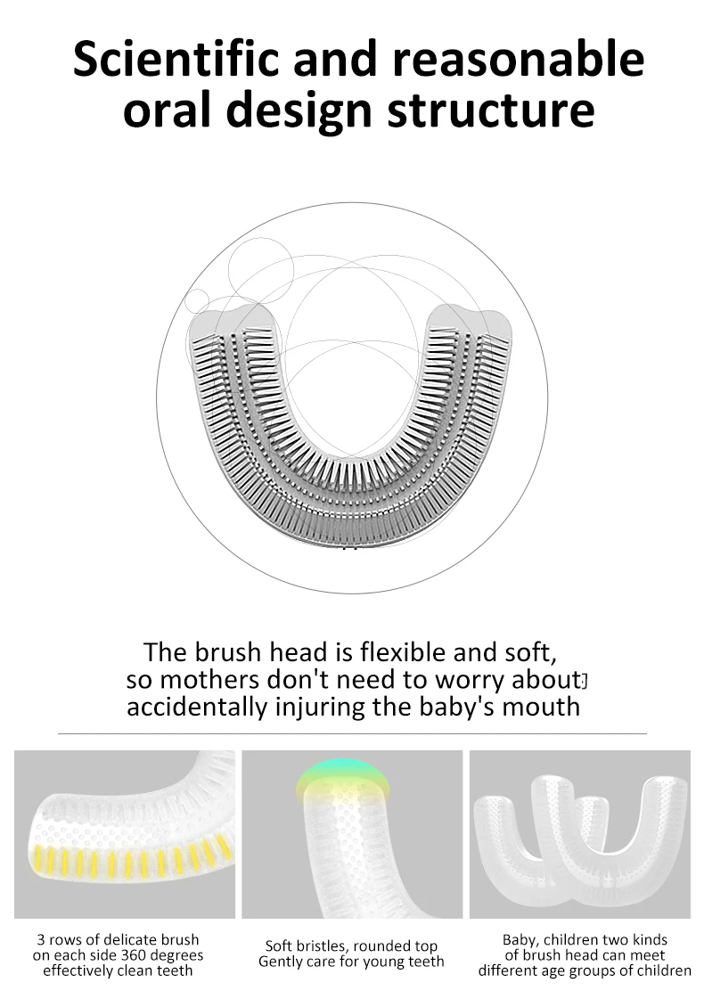 U-образная детская ультразвуковая зубная щетка, детская трехзубная электрическая зубная щетка, перезаряжаемая на 360 градусов, автоматическая зубная щетка для детей