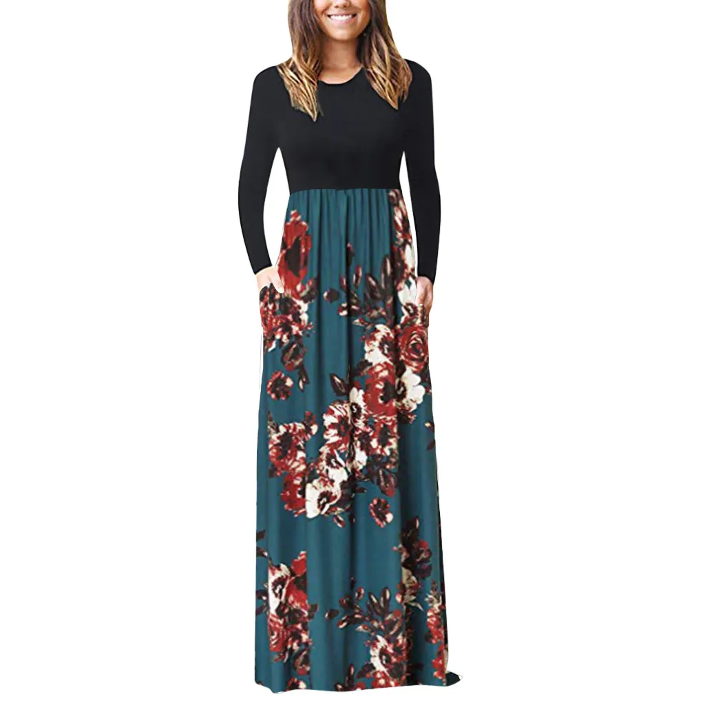 Plus Size Summer Party Dress 2019 Sexy Black Floral Maxi Dress Women Vintage Dresses Woman Party Night Elegant Long Sleeve Dress