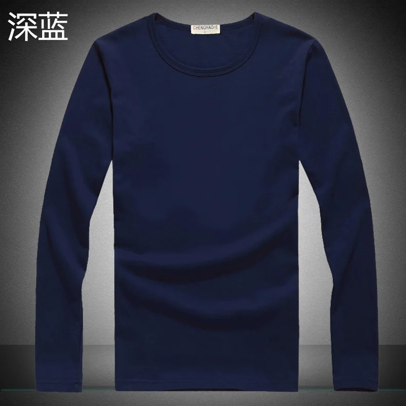 new high quality autumn winter men s long sleeve T shirt pure cotton solid round collar 5
