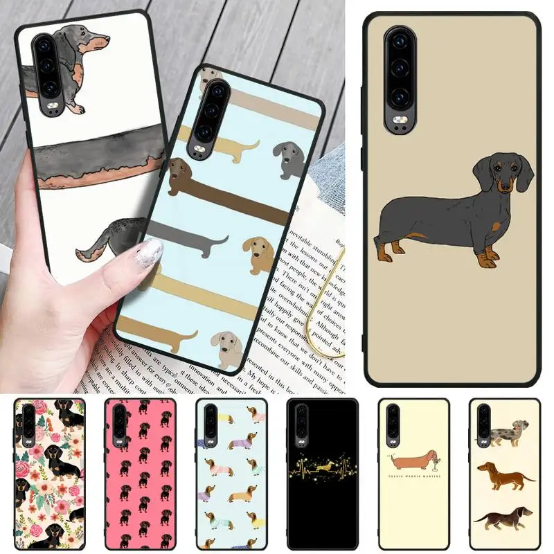 Милый чехол для телефона из ТПУ с рисунком таксы и собаки черный корпус Huawei P9 10 20 30