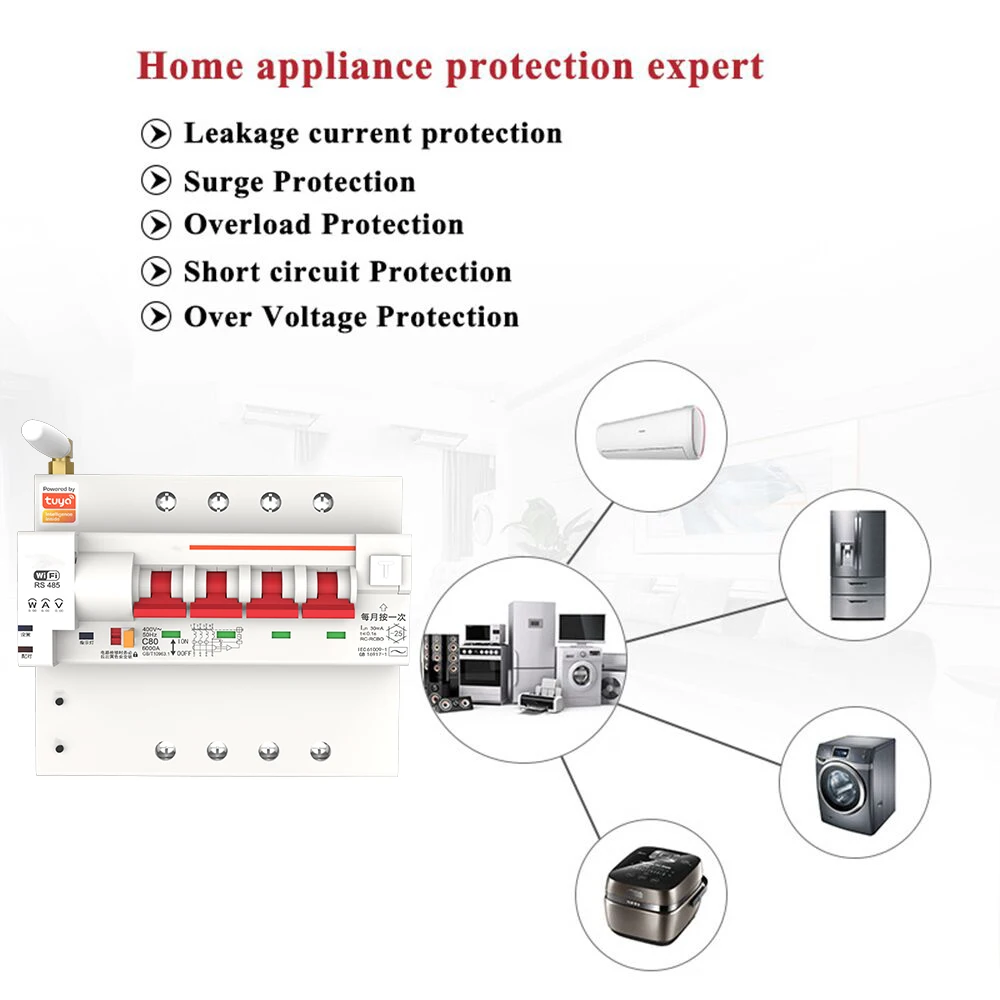 Din Rail Tuya Smart RCBO автоматический выключатель с контролем энергии 4P WiFi MCB защита от