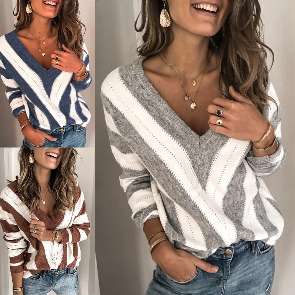 

2019 Basic Deep V Striped Solid Autumn Winter Sweater Pullover Women's Female Knitted Sweater Long Sleeve Sweater Pullover Cloth